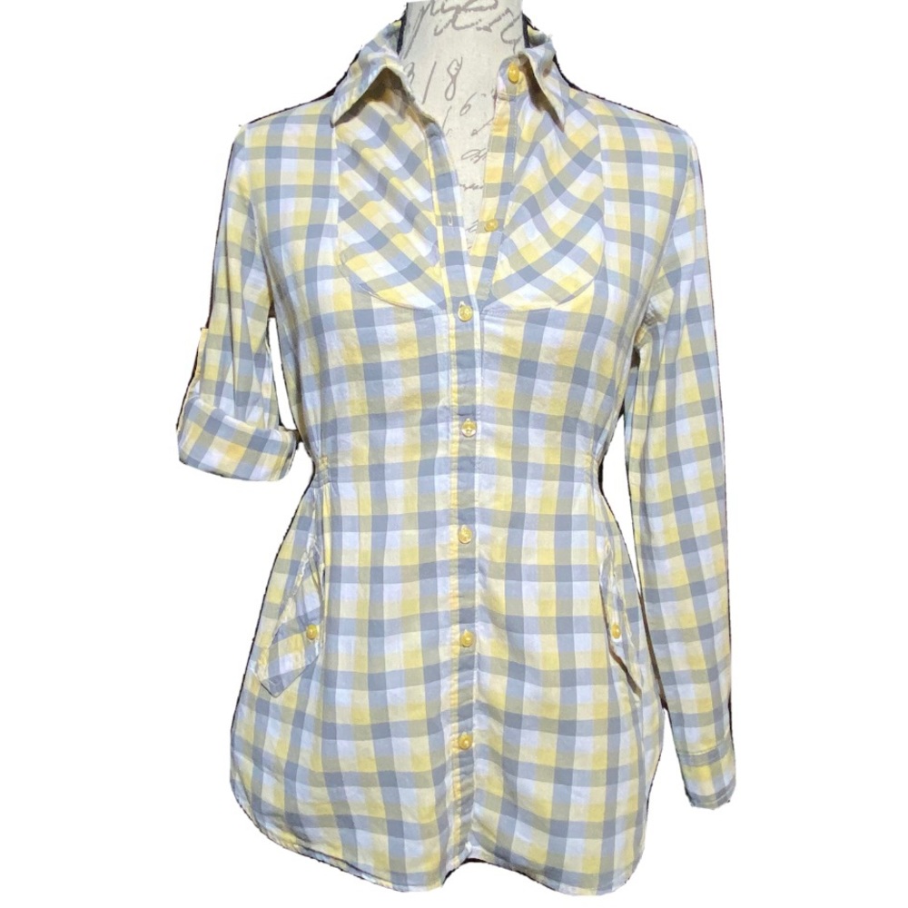 Women’s OP Plaid Button Down Roll up Sleeve Shirt Fitted Size Medium